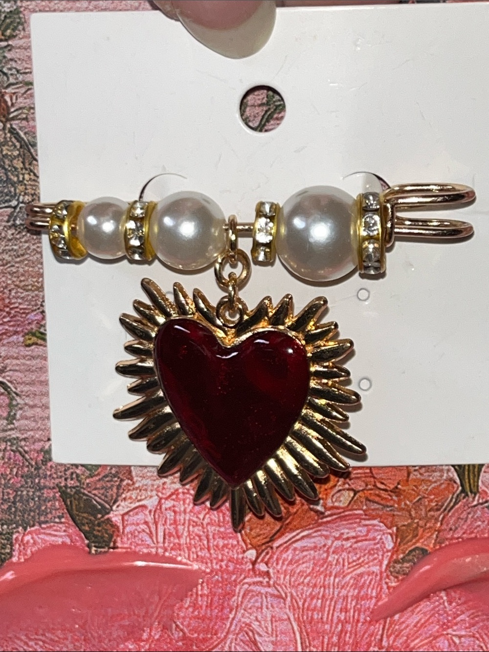 Gold Pearl brooch with Red Heart Charm